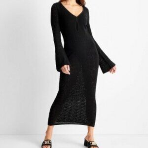 Long Bell Sleeve Open-Work Stitch Knit Midi Dress NWT Size LARGE Black Jenny K